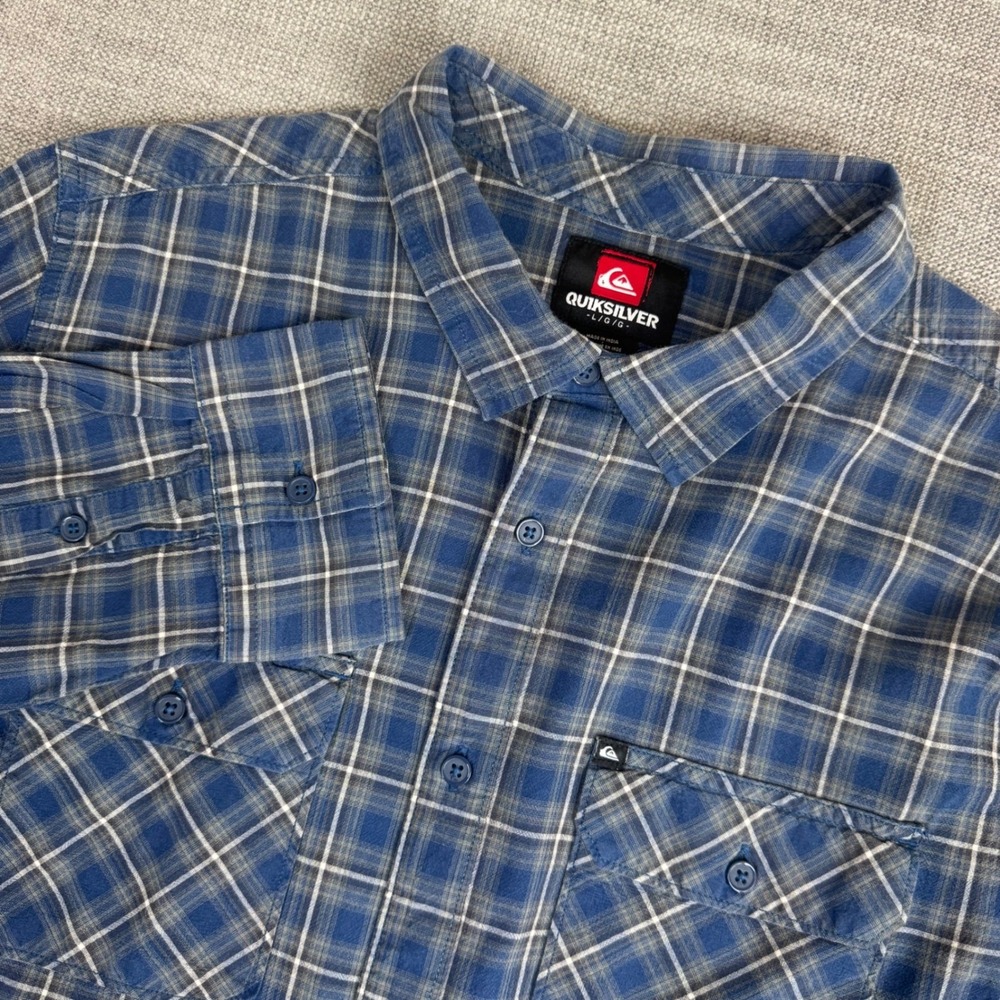 Quiksilver Mens Blue Grey Plaid Lightweight Cotton Weave Button Down Shirt Large